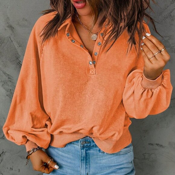 Orange Casual Women's Lantern Sleeve Button Half Placket Loose Sweatshirt - Picture 1 of 11